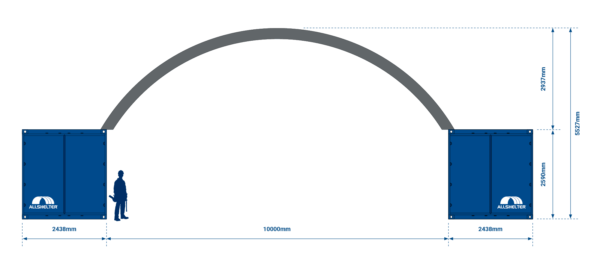 Narrow container dome shelter with a span of 10000mm and a height of 5527mm.